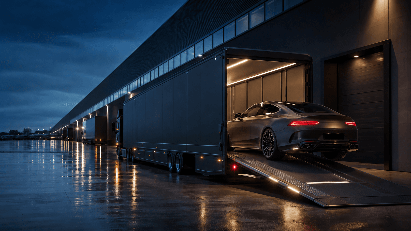 Premium vehicle entering an enclosed transporter in Germany